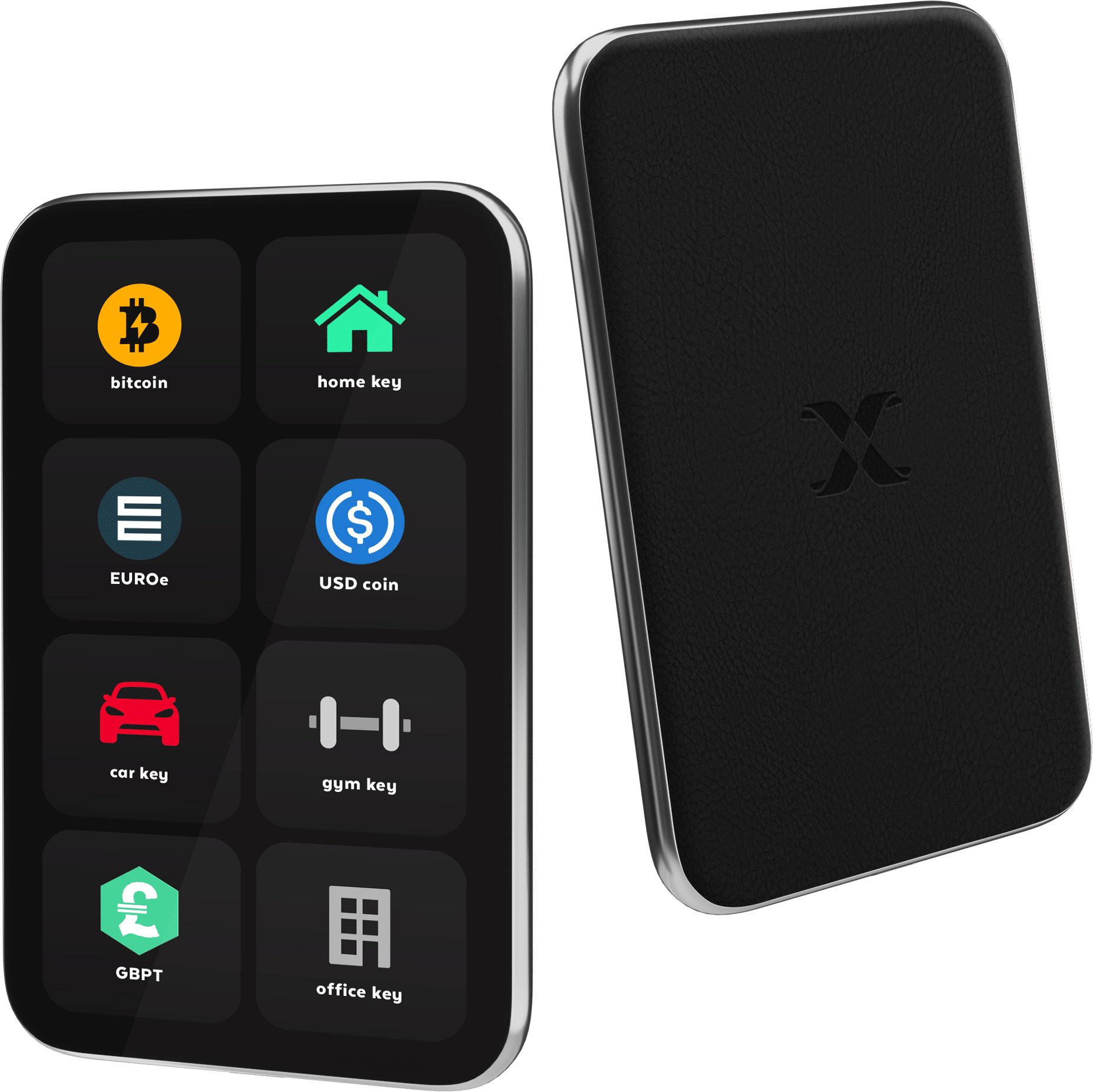Main image of the Xellox Clavis hardware wallet, showing both front and back of the device. The front display highlights digital keys and assets such as Bitcoin, EUROe, USD Coin, and a home key; preorder available for 299 €.