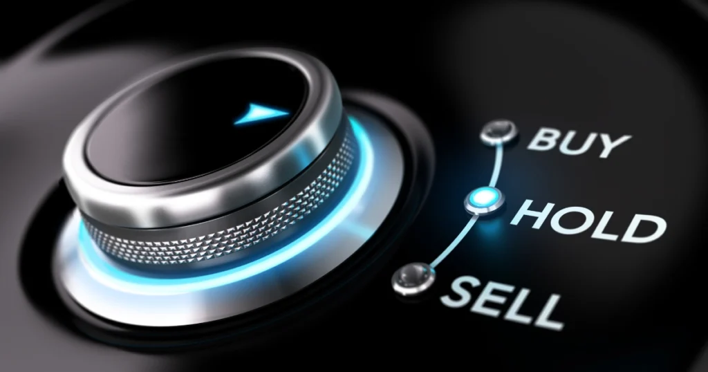 Close-up of a dial set to HOLD, with buy and sell options, symbolizing Bitcoin investment strategy and long-term holding.