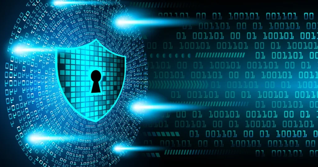 Glowing blue shield with keyhole surrounded by binary code, representing Bitcoin cybersecurity, encryption, and protection from digital threats.