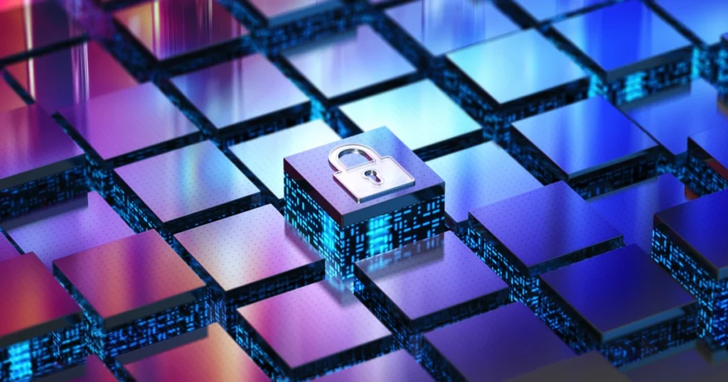 Metallic lock on glowing digital cubes, representing Bitcoin storage security and blockchain protection.