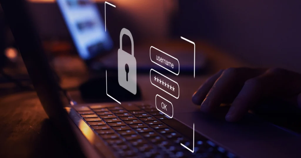 Close-up of laptop with digital lock, username and password fields, symbolizing Bitcoin login security and password protection.