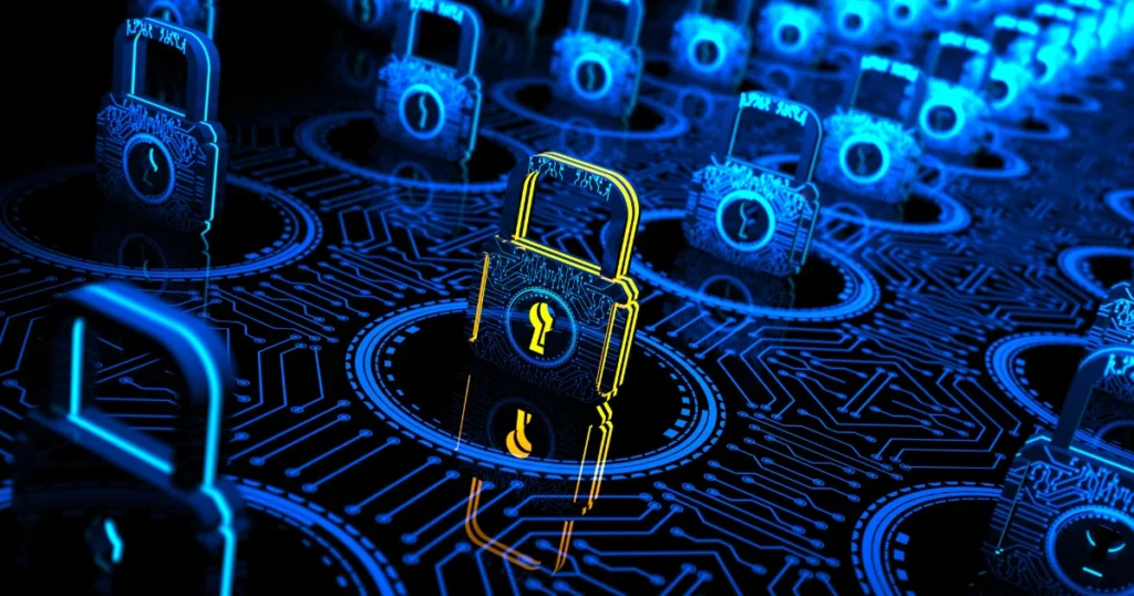 Multiple glowing digital locks on a circuit board, symbolizing Bitcoin storage, encryption, and self-custody security.