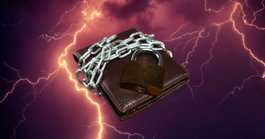 Padlocked wallet amid lightning, underscoring that non-custodial Lightning wallets are strong for daily spending but not for storing wealth.