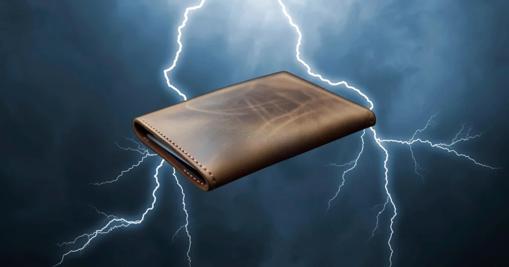 Close-up of a leather wallet in front of lightning, representing non-self-custodial Lightning wallets.