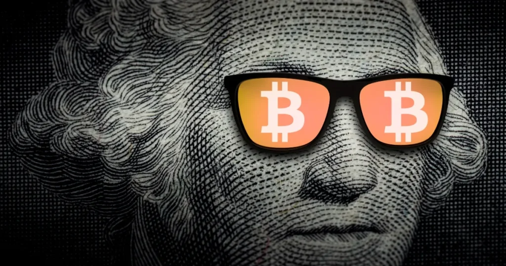 Dollar portrait wearing sunglasses with Bitcoin symbols, illustrating custodial versus self-custody.