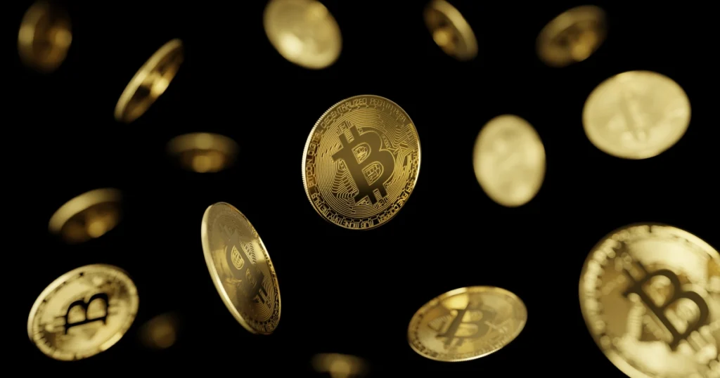 Floating Bitcoin coins on a black background, suggesting market movement and the need for secure storage.